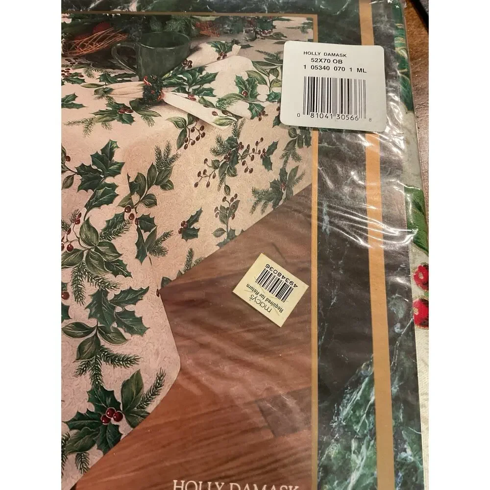 Holiday Tablecloth Holly Damask Berries Cotton 60” x 70” Oblong NIP